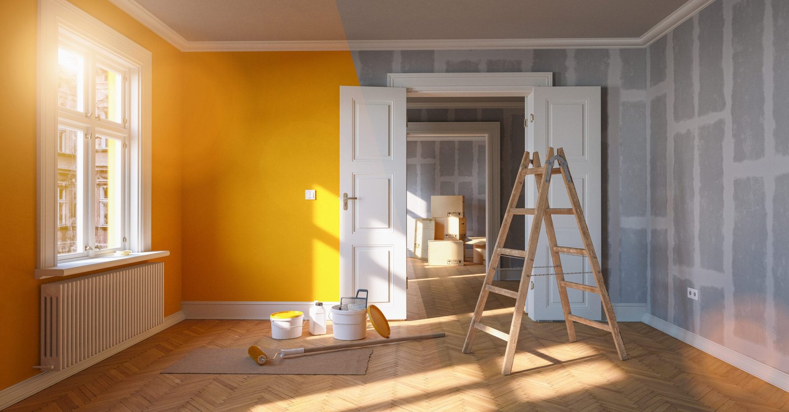 "Salle en cours de rénovation avec des murs partiellement enduits et des outils de peinture prêts pour l'application de la couche de finition."